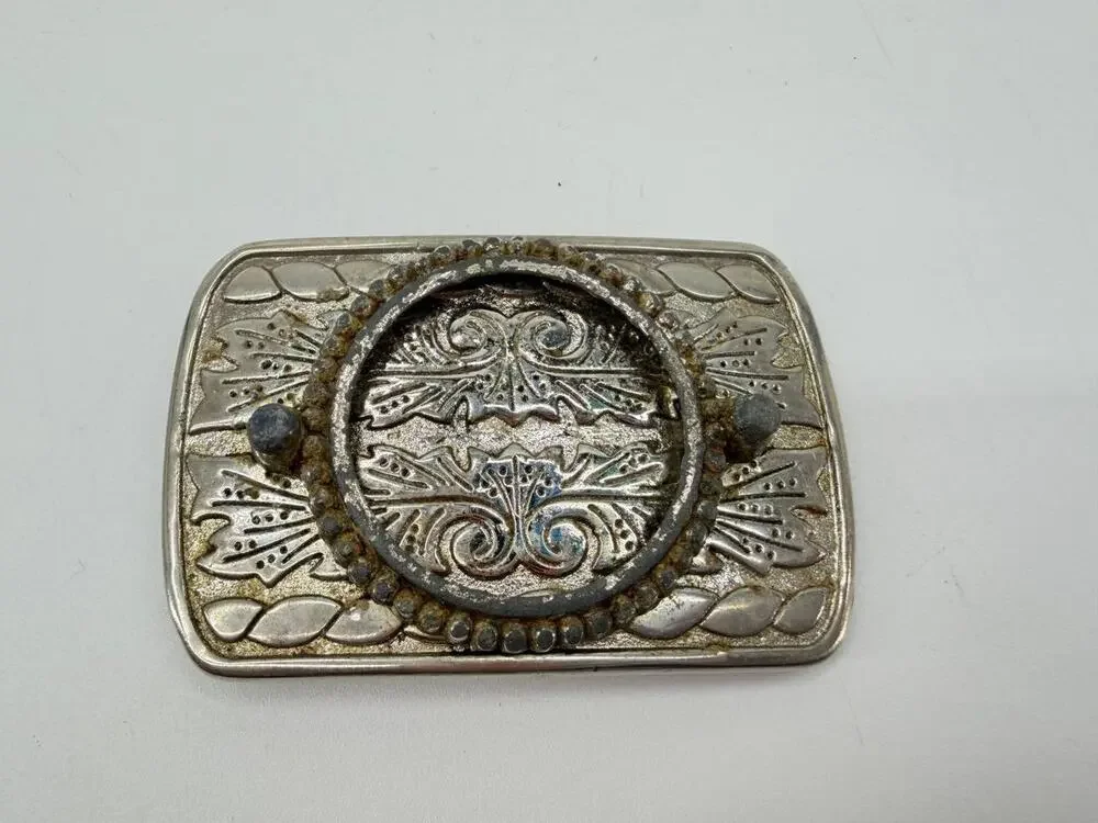 Vintage Western Floral Engraved Belt Buckle Silver Tone Made In USA Rustic